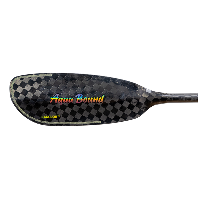 Black and grey paddle with a rainbow Aqua Bound logo on a white background.