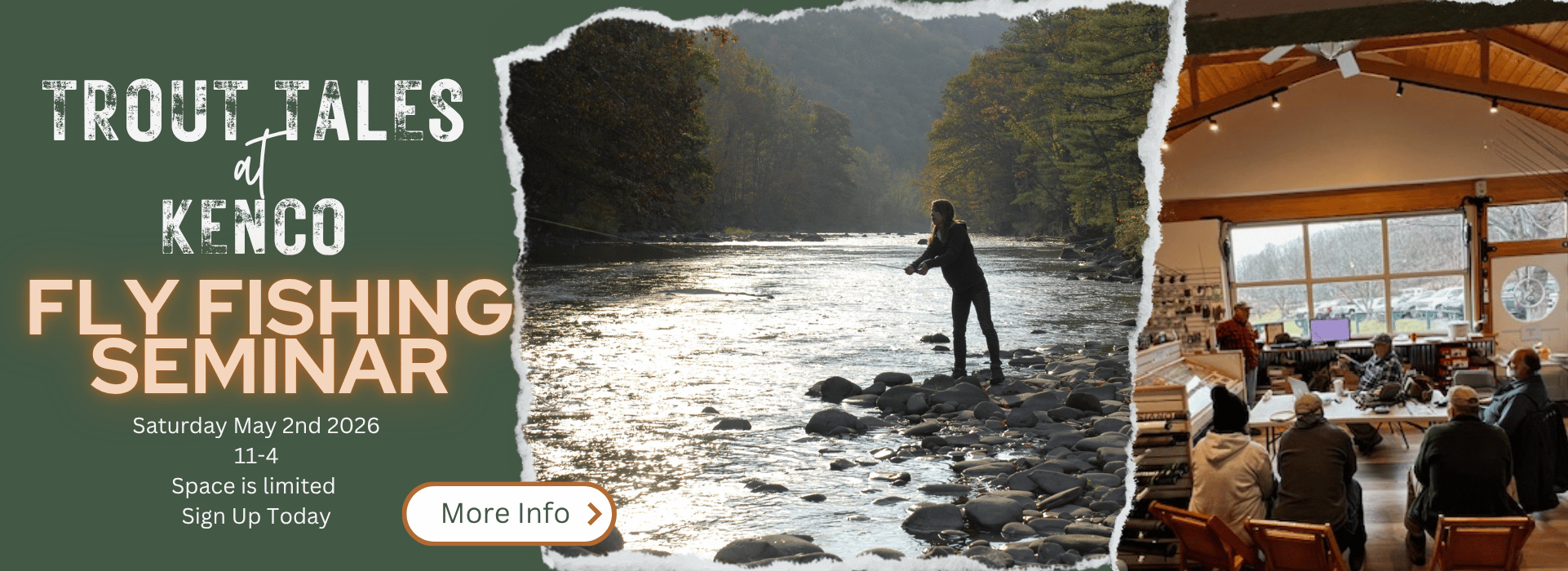 Fly fishing seminar advertisement with a river scene and indoor event setting.