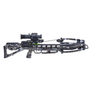 A crossbow with a black and gray camouflage stock, limbs, and grip, featuring a mounted scope and a green arrow nocked in the cable, shown against a plain white background.