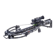 A black compound crossbow with a mounted scope, featuring a camouflage-patterned stock, stabilizer, and riser, shown against a plain white background.