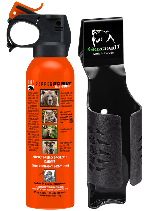 Orange can of bear spray featuring pictures of various animals next to a black holster against a white background.