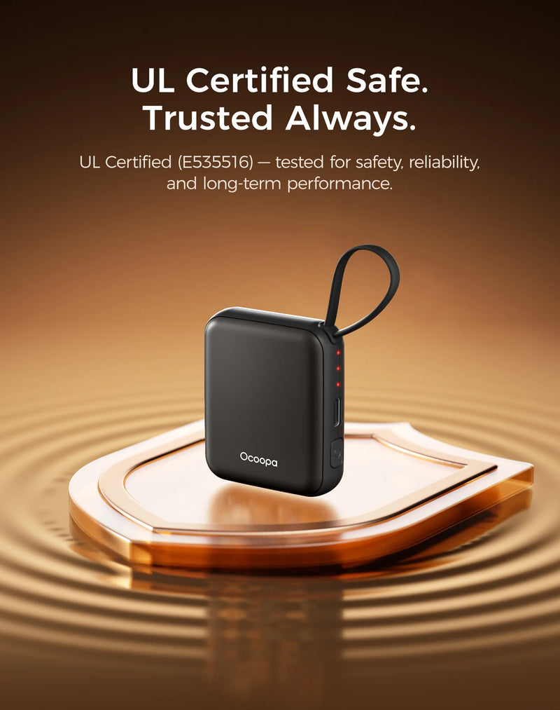 Black Nano handwarmer on a shield with UL Certification information - UL Certified E535516 and the text UL Certified Safe. Trusted Always. Tested for safety, reliability, and long-term performance.
