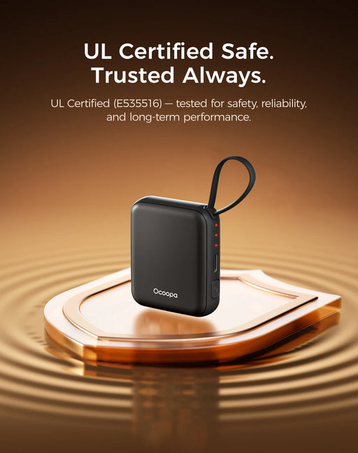 Black Nano handwarmer on a shield with UL Certification information - UL Certified E535516 and the text UL Certified Safe. Trusted Always. Tested for safety, reliability, and long-term performance.