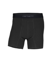 Black Carhartt men's boxer briefs with a contrasting black waistband featuring the white Carhartt logo, shown against a plain white background.