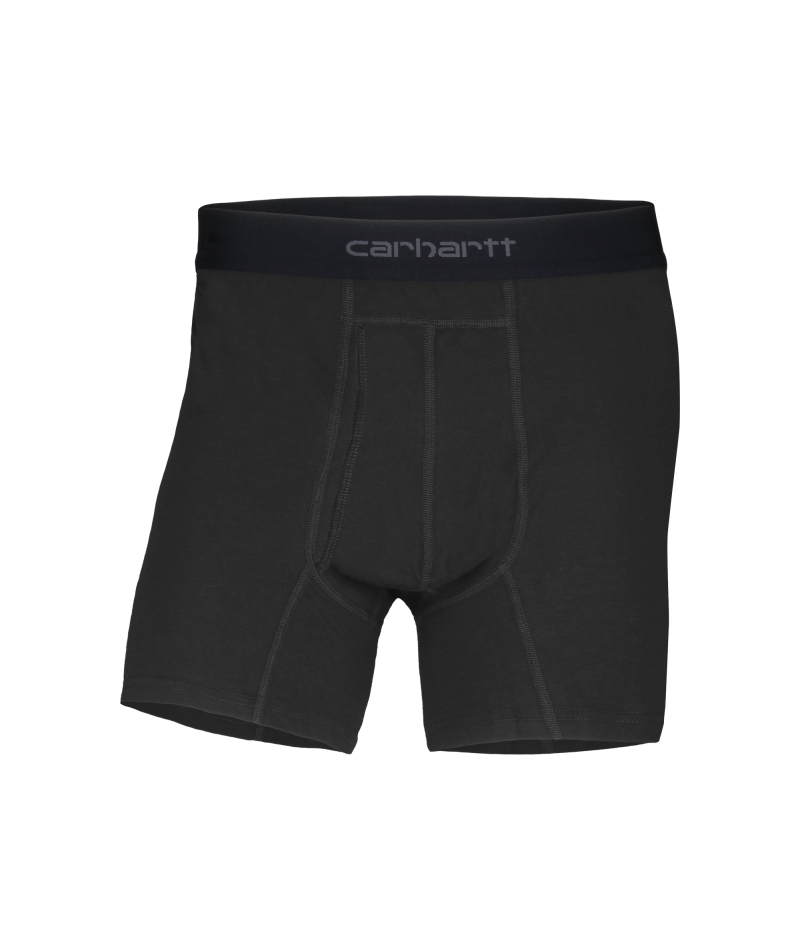 Black Carhartt men's boxer briefs with a contrasting black waistband featuring the white Carhartt logo, shown against a plain white background.