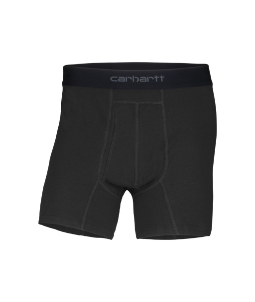 Black Carhartt men's boxer briefs with a contrasting black waistband featuring the white Carhartt logo, shown against a plain white background.