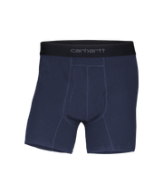 Carhartt men's boxer briefs in navy blue with a black elastic waistband featuring the white Carhartt logo.