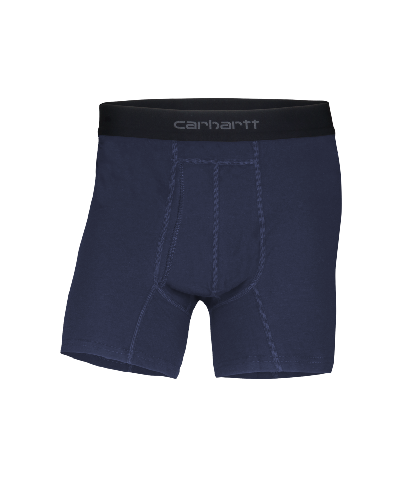Carhartt men's boxer briefs in navy blue with a black elastic waistband featuring the white Carhartt logo.
