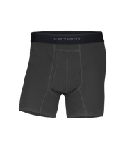 Carhartt men's boxer briefs in dark gray with a black elastic waistband featuring the white Carhartt logo.