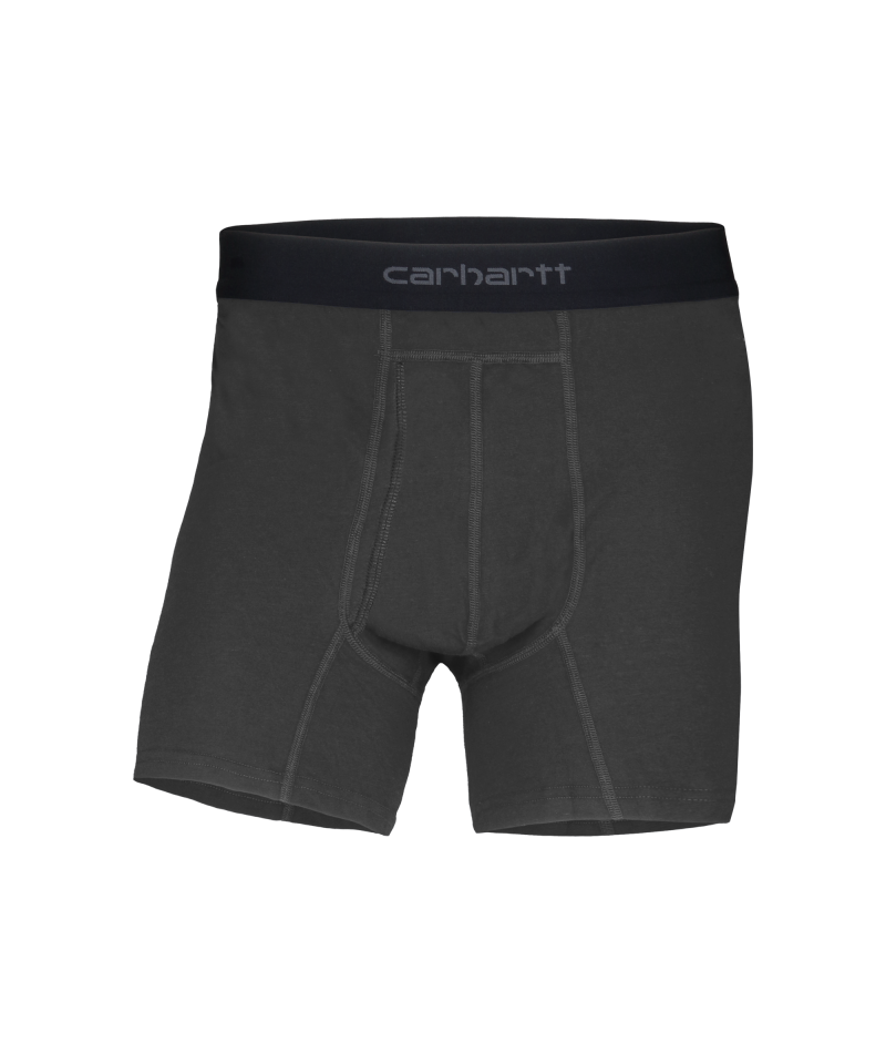 Carhartt men's boxer briefs in dark gray with a black elastic waistband featuring the white Carhartt logo.
