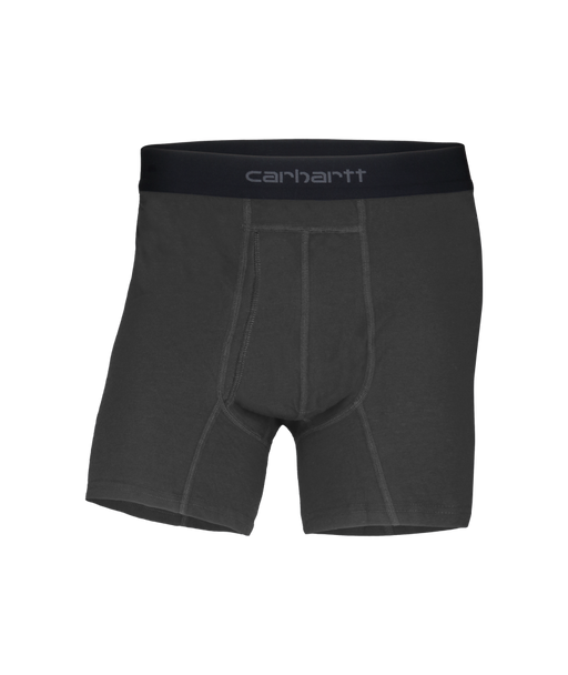 Carhartt men's boxer briefs in dark gray with a black elastic waistband featuring the white Carhartt logo.