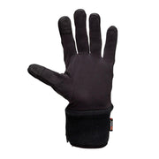 Underside of black left hand glove against a white background. 