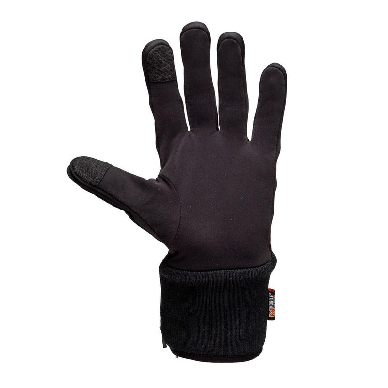Underside of black left hand glove against a white background. 