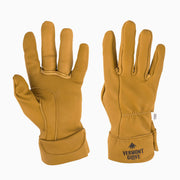 A pair of tan leather work gloves shown against a plain white background, with one glove displaying the back of the hand and the other showing the palm side with a 'Vermont Glove' logo printed on the cuff.