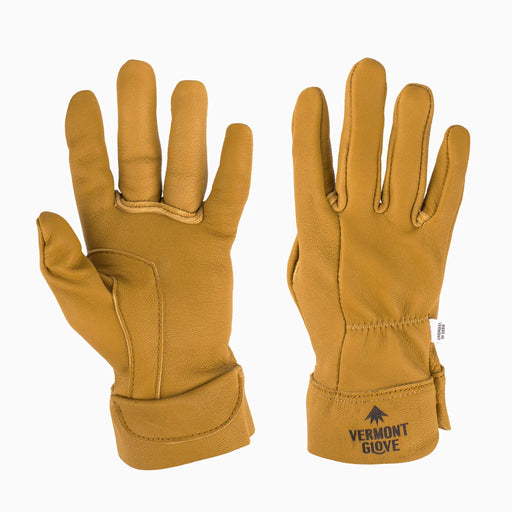 A pair of tan leather work gloves shown against a plain white background, with one glove displaying the back of the hand and the other showing the palm side with a 'Vermont Glove' logo printed on the cuff.