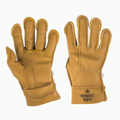 A pair of tan leather work gloves shown against a plain white background, displaying both the back of one glove and the palm/strap of the other. The right glove features the brand name 'VERMONT GLOVE' printed in black on the wrist cuff.