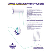 Size and fit guide for Vermont Glove gloves, showing a hand outline diagram, sizing chart from XXL to XS, placement instructions, and a width chart with measurements.