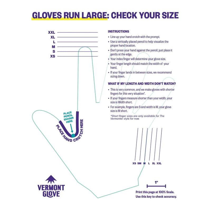 Size and fit guide for Vermont Glove gloves, showing a hand outline diagram, sizing chart from XXL to XS, placement instructions, and a width chart with measurements.