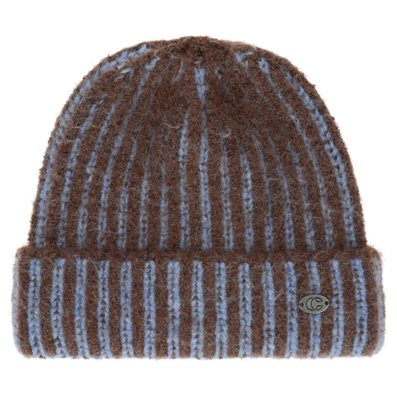 Brown beanie with blue accents against a white background. 