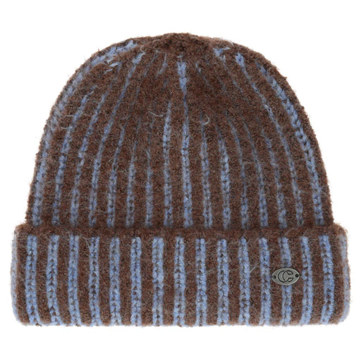 Brown beanie with blue accents against a white background. 