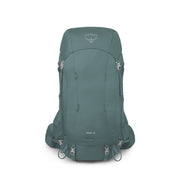 An Osprey Viva 65 hiking backpack in a muted teal-green color, shown from the front against a solid white background.