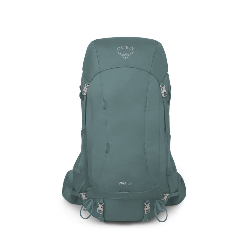 An Osprey Viva 65 hiking backpack in a muted teal-green color, shown from the front against a solid white background.