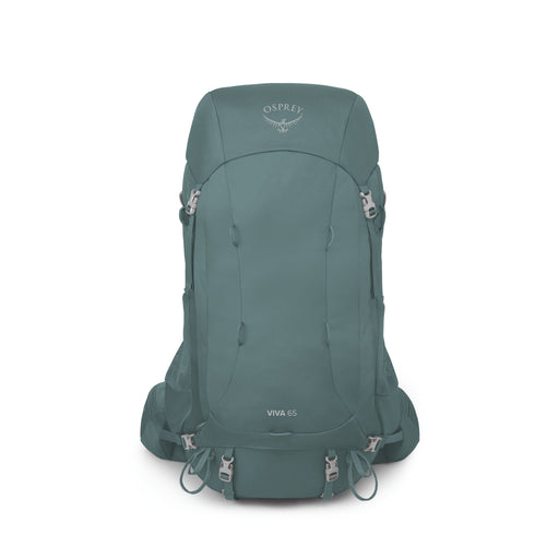 An Osprey Viva 65 hiking backpack in a muted teal-green color, shown from the front against a solid white background.