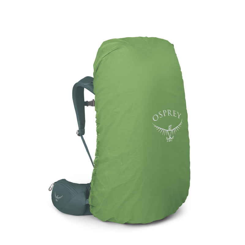 An Osprey backpack covered with a lime green rain cover, shown against a plain white background. The rain cover features a white printed Osprey logo on the front.