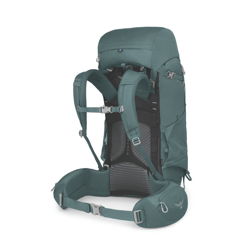 A 65-liter hiking backpack in a muted teal green color, shown from a three-quarters rear angle on a clean white background. The backpack features a dark gray mesh back panel, padded shoulder straps, a breathable hip belt, and silver metal buckles.