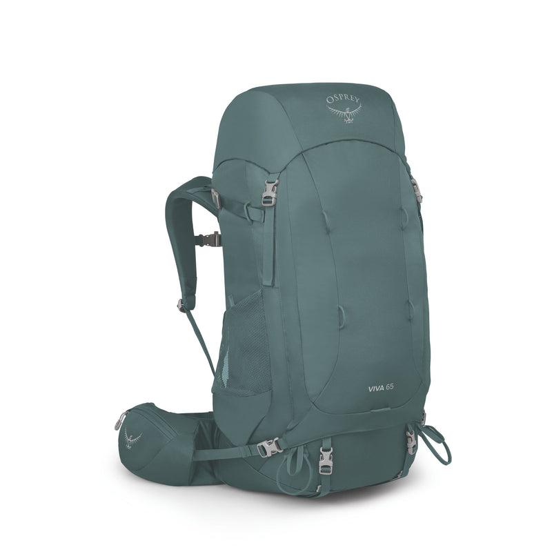 An Osprey Viva 65 hiking backpack in a muted teal-green color, shown from a three-quarter angle against a plain white background.