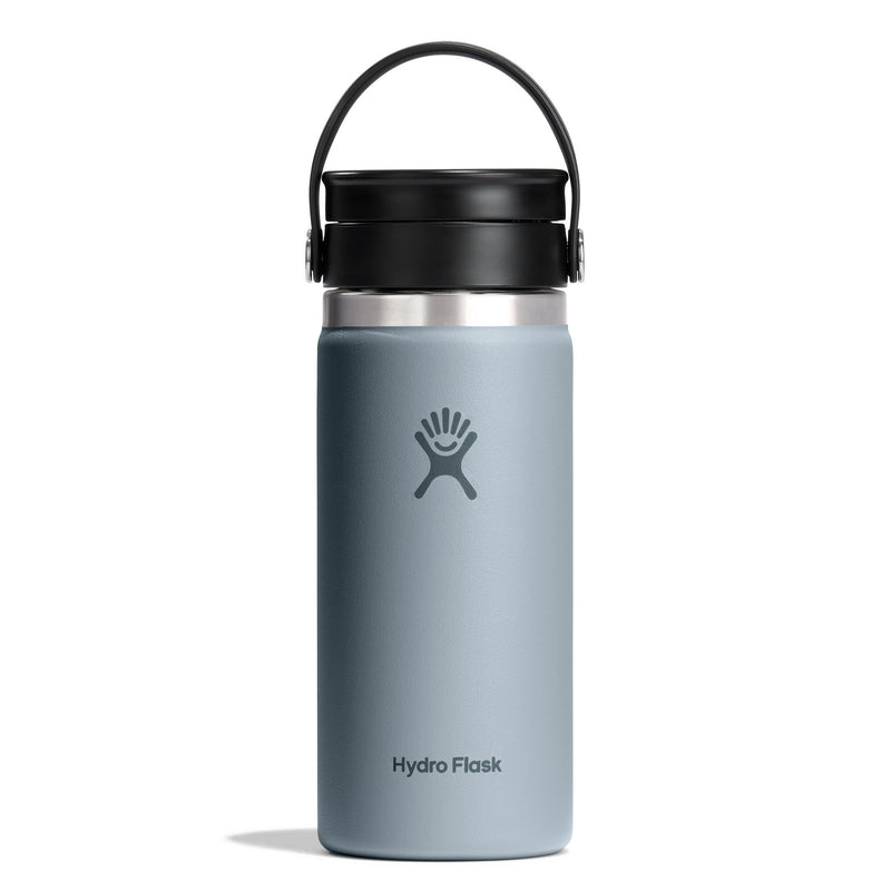 Gray Hydro Flask water bottle with black lid on a white background