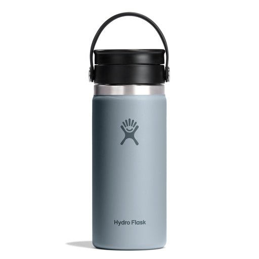 Gray Hydro Flask water bottle with black lid on a white background