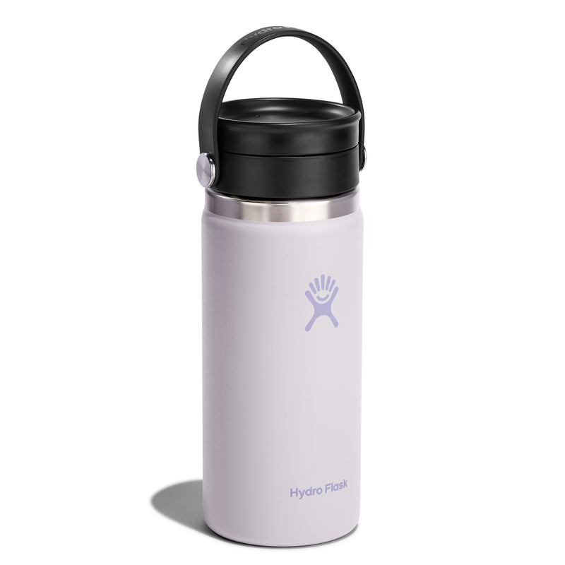 Pale pink Hydro Flask water bottle with black lid on a white background