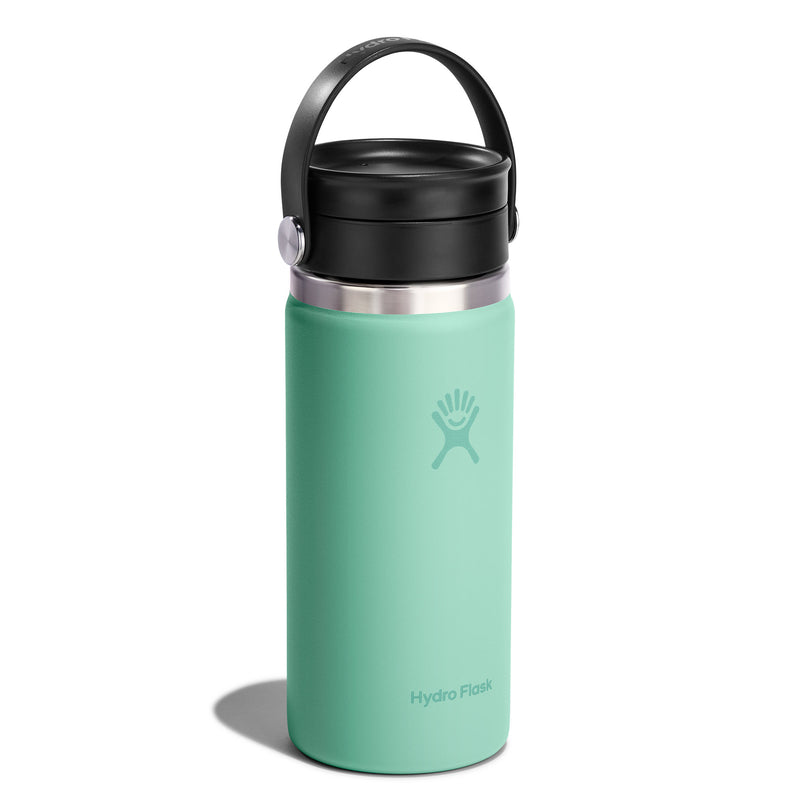 Green Hydro Flask water bottle with black lid on a white background