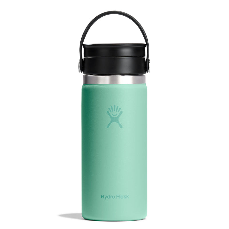 Mint green Hydro Flask water bottle with black lid on a white background