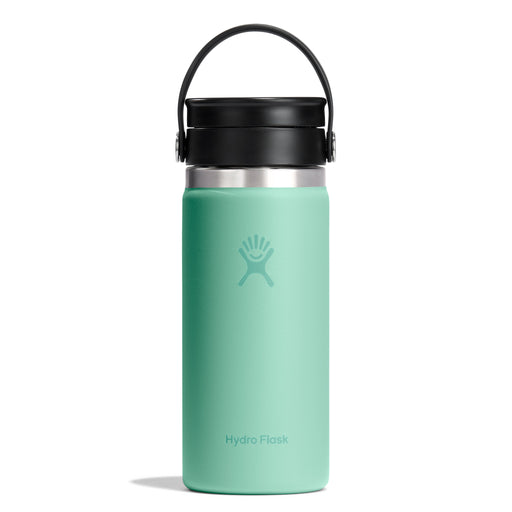 Mint green Hydro Flask water bottle with black lid on a white background