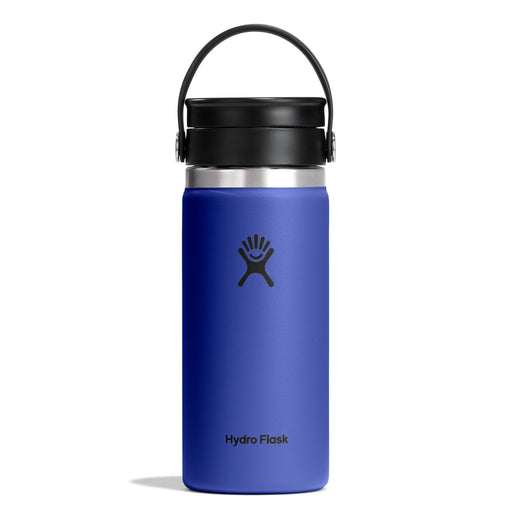 Blue Hydro Flask water bottle with black lid on a white background