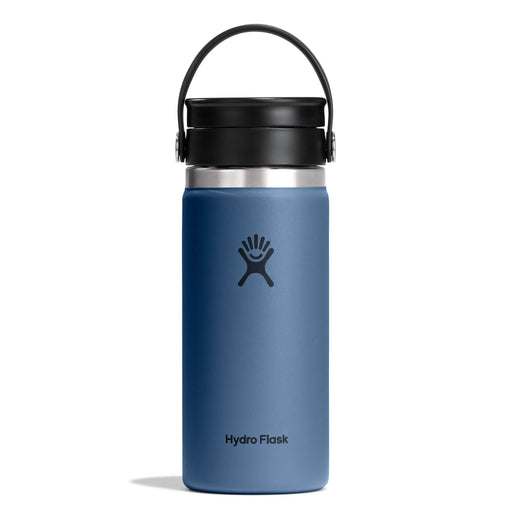 Blue Hydro Flask water bottle with black lid on a white background