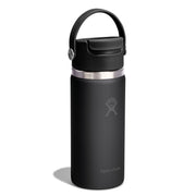 A matte black Hydro Flask insulated water bottle with a matching black lid and carry loop, featuring a silver stainless steel band and the Hydro Flask logo, shown on a white background.