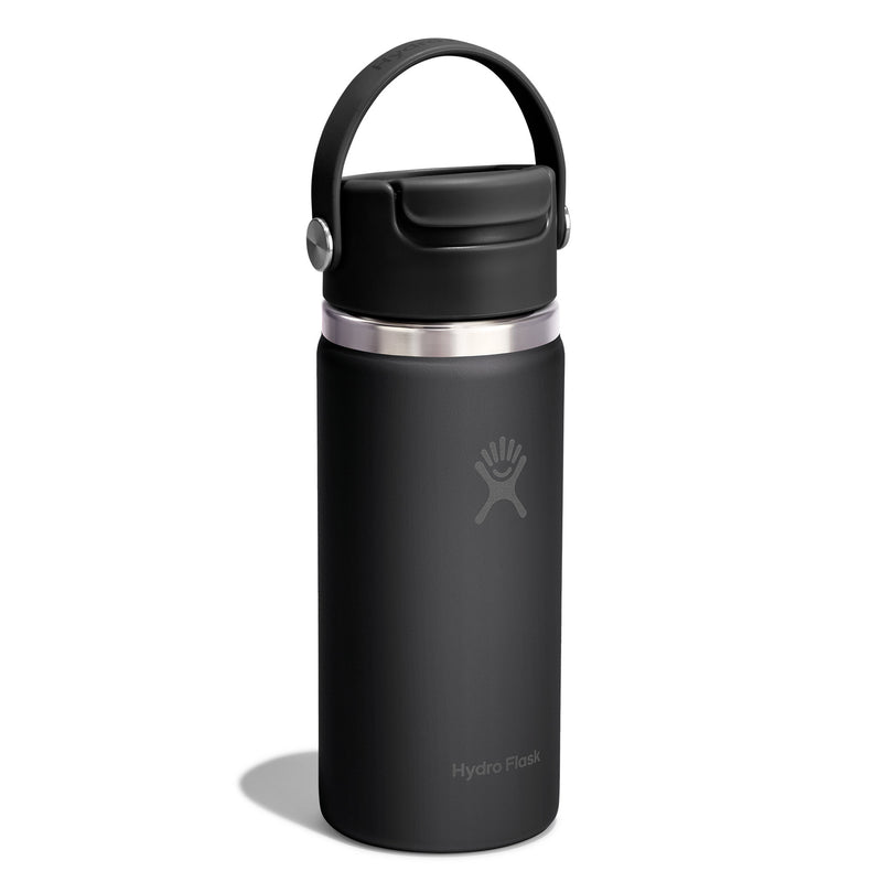 A matte black Hydro Flask insulated water bottle with a matching black lid and carry loop, featuring a silver stainless steel band and the Hydro Flask logo, shown on a white background.