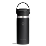 A matte black Hydro Flask water bottle with a matching black lid and carrying loop, featuring a silver metallic band and the Hydro Flask logo, set against a plain white background.