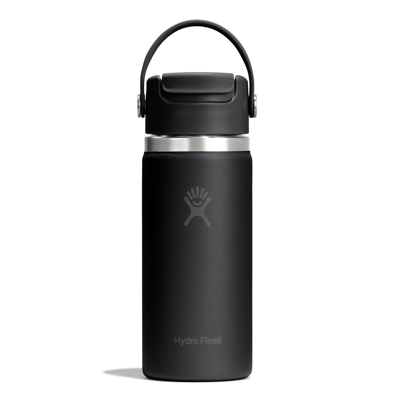 A matte black Hydro Flask water bottle with a matching black lid and carrying loop, featuring a silver metallic band and the Hydro Flask logo, set against a plain white background.