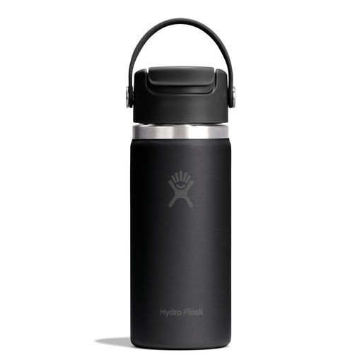 A matte black Hydro Flask water bottle with a matching black lid and carrying loop, featuring a silver metallic band and the Hydro Flask logo, set against a plain white background.