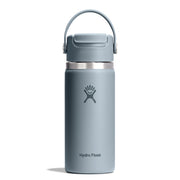 A Hydro Flask insulated water bottle in a muted slate blue-gray color, featuring a matching gray lid with a carrying loop and a silver stainless steel collar, shown on a clean white background.