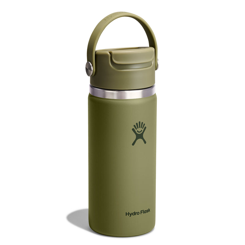 An olive green Hydro Flask insulated water bottle with a matching lid and carry loop, featuring a silver stainless steel band and the Hydro Flask logo, set against a plain white background.