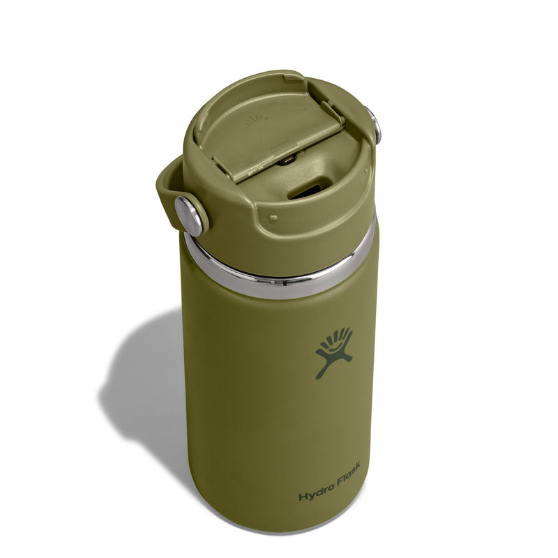 An olive green Hydro Flask insulated travel tumbler with a flip-top lid, shown on a white background with a soft shadow.