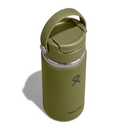 An olive green Hydro Flask insulated water bottle with a flip-top lid and carrying loop, shown on a white background with a soft shadow.
