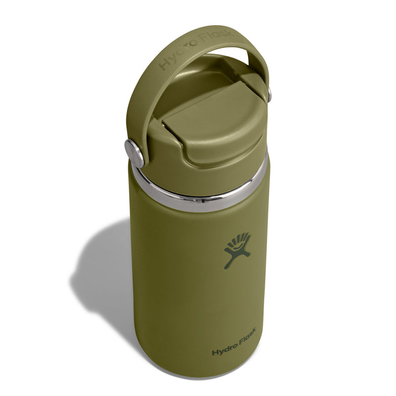 An olive green Hydro Flask insulated water bottle with a flip-top lid and carrying loop, shown on a white background with a soft shadow.