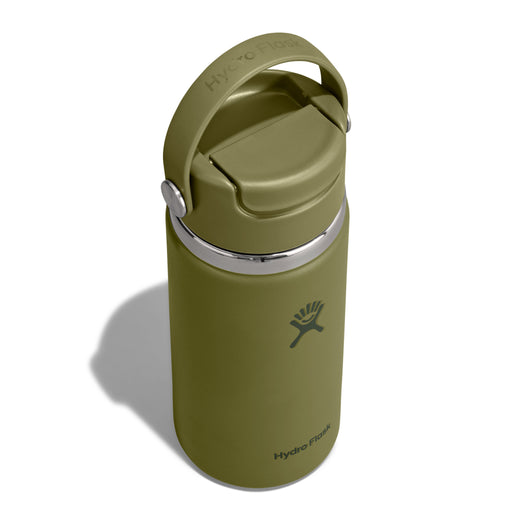 An olive green Hydro Flask insulated water bottle with a flip-top lid and carrying loop, shown on a white background with a soft shadow.