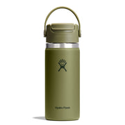 An olive green Hydro Flask insulated water bottle with a matching lid and carry loop, shown on a clean white background.